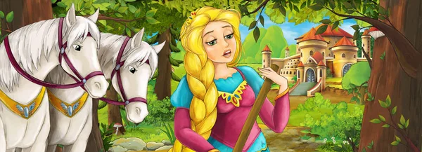 Cartoon nature scene with beautiful castle near the forest with beautiful young princess and horses - illustration for the children