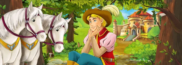 美しい若い王子と馬 子供のための図の森付近の美しい城と漫画自然シーン — ストック写真