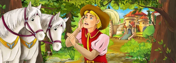 Cartoon Nature Scene Beautiful Castle Forest Beautiful Young Prince Horses — Stock Photo, Image