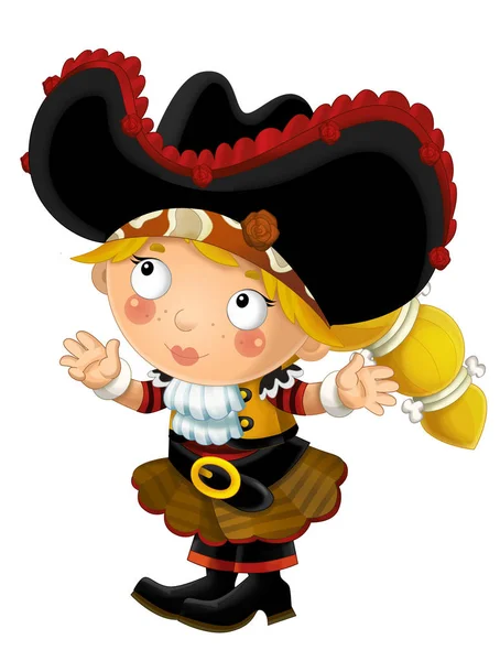 happy smiling cartoon medieval pirate woman standing smiling and looking on white background - illustration for children