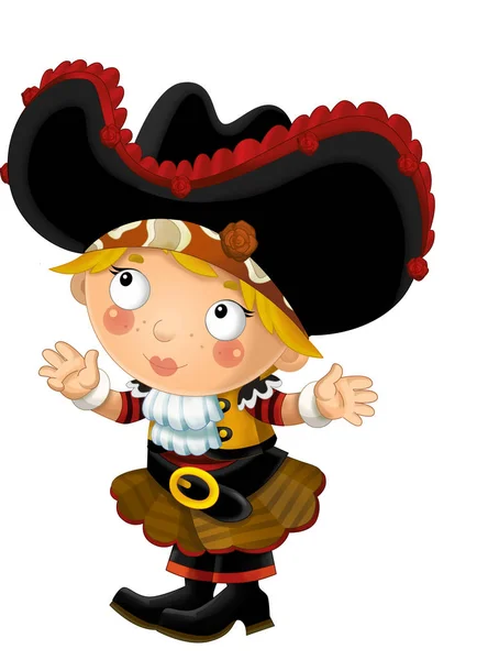 Feliz Caricatura Sonriente Mujer Pirata Medieval Pie Sonriendo Mirando Sobre — Foto de Stock