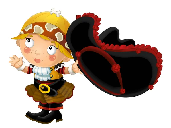 Feliz Caricatura Sonriente Mujer Pirata Medieval Pie Sonriendo Mirando Sombrero — Foto de Stock