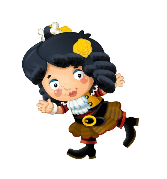 happy smiling cartoon medieval pirate woman running smiling and looking on white background - illustration for children