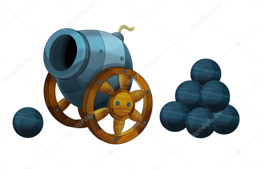 Cartoon cannon on white background with pile of steel cannon balls - illustration for the children