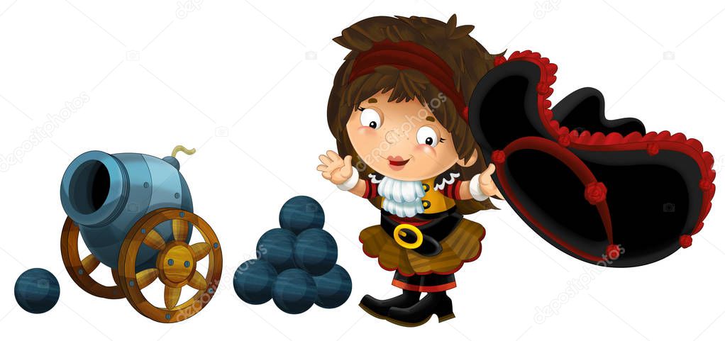 cartoon scene with pirate woman and old cannon on whtie background - illustration for children