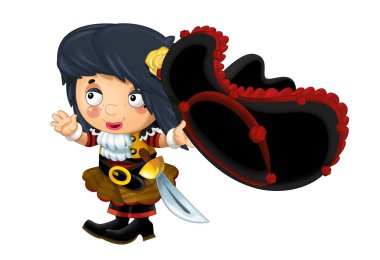 mutlu gülümseyen karikatür Ortaçağ korsan ayakta gülümseyen kadın ve holding şapkası beyaz arka planda - illüstrasyon çocuklar için arıyorsunuz