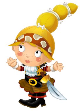 mutlu gülümseyen karikatür Ortaçağ korsan ayakta gülümseyen kadın ve beyaz arka planda - illüstrasyon çocuklar için arıyorsunuz 