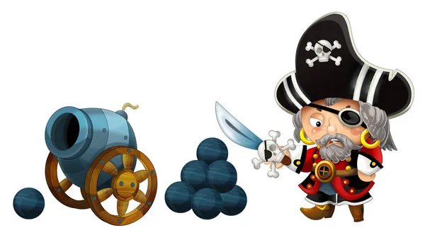 Cena Dos Desenhos Animados Com Homem Pirata Canhão Velho Fundo — Fotografia de Stock
