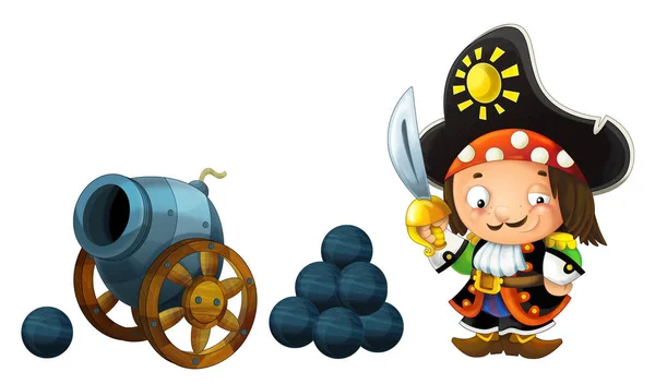 Scena Kreskówka Mężczyzna Piratem Stare Armaty Whtie Tle Ilustracja Dla — Zdjęcie stockowe