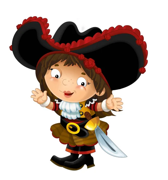 Feliz Caricatura Sonriente Mujer Pirata Medieval Pie Sonriendo Mirando Sobre — Foto de Stock