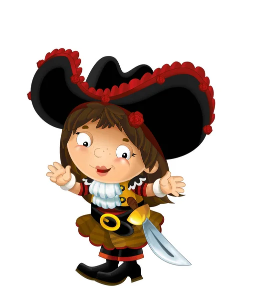 happy smiling cartoon medieval pirate woman standing smiling and looking on white background - illustration for children