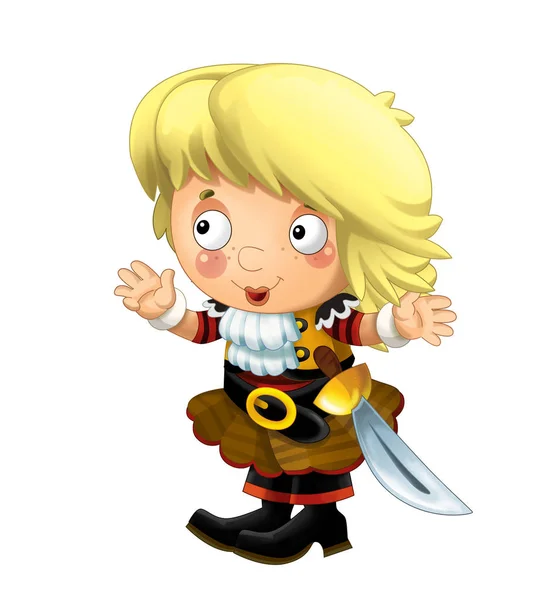 Feliz Caricatura Sonriente Mujer Pirata Medieval Pie Sonriendo Mirando Sobre — Foto de Stock