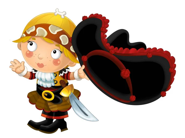 happy smiling cartoon medieval pirate woman standing smiling and looking holding hat on white background - illustration for children
