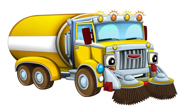 Dibujos Animados Feliz Divertido Buscando Cisterna Camión Limpiador Calle Sobre —  Fotos de Stock