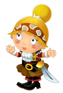 mutlu gülümseyerek karikatür Ortaçağ korsan ayakta beyaz arka planda - illüstrasyon çocuklar için kılıç ile gülümseyen kadın