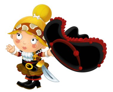 mutlu gülümseyerek karikatür Ortaçağ korsan ayakta beyaz arka planda - illüstrasyon çocuklar için kılıç ile gülümseyen kadın