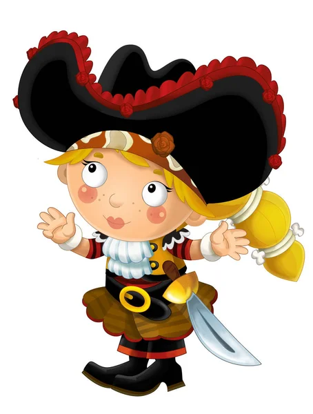 Feliz Caricatura Sonriente Mujer Pirata Medieval Pie Sonriendo Con Espada — Foto de Stock