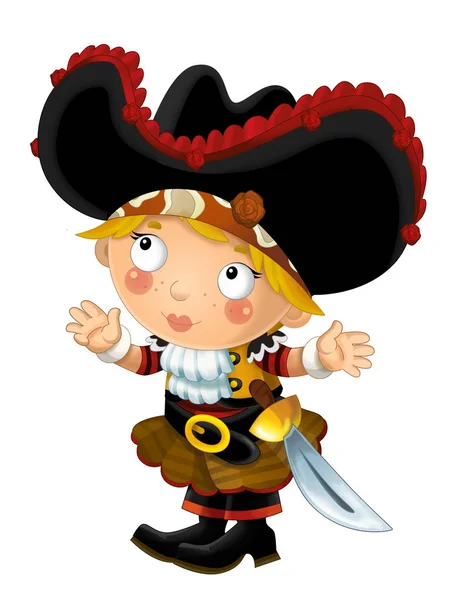 happy smiling cartoon medieval pirate woman standing smiling with sword on white background - illustration for children