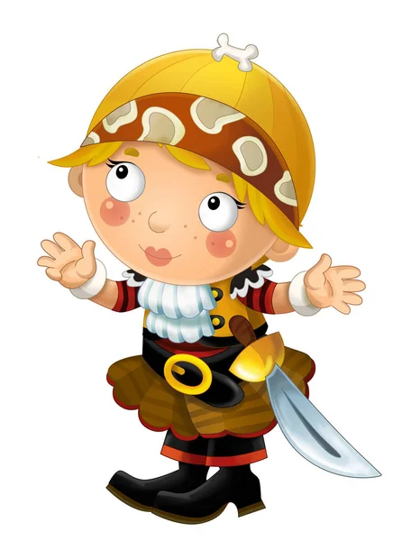 happy smiling cartoon medieval pirate woman standing smiling with sword on white background - illustration for children