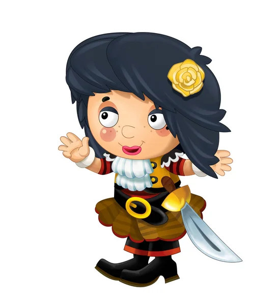 Happy Smiling Cartoon Medieval Pirate Woman Standing Smiling Sword White — Stock Photo, Image