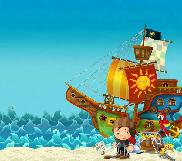 海または海 海岸と宝の胸に海賊の船長の海賊船 子供のための図の近くのビーチのシーン — ストック写真