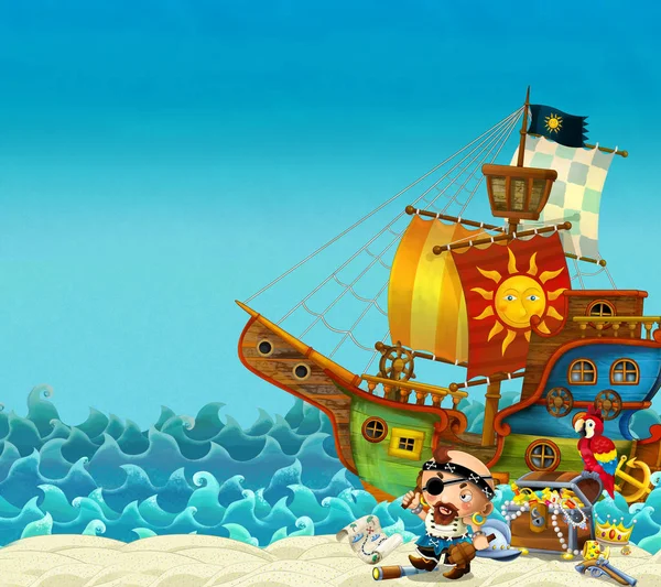 Cartoon Scene Beach Sea Ocean Pirate Captain Shore Treasure Chest — Stock Photo, Image