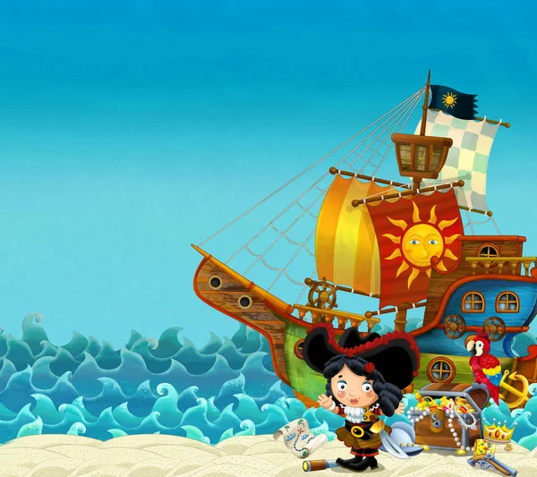 Cartoon Scene Beach Sea Ocean Pirate Captain Woman Shore Treasure — Stock Photo, Image