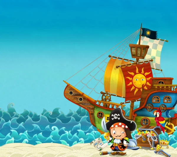 Cartoon Scene Beach Sea Ocean Pirate Captain Shore Treasure Chest — Stock Photo, Image