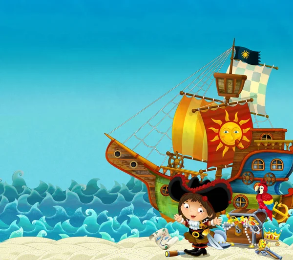 Cartoon Scene Beach Sea Ocean Pirate Captain Woman Shore Treasure — Stock Photo, Image