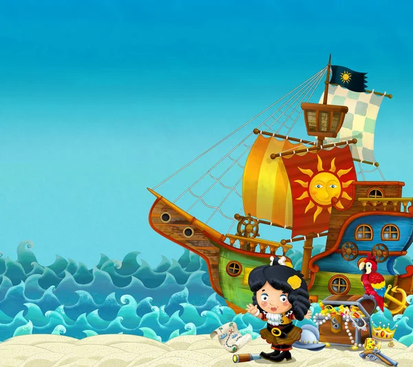 Cartoon Scene Beach Sea Ocean Pirate Captain Woman Shore Treasure — Stock Photo, Image