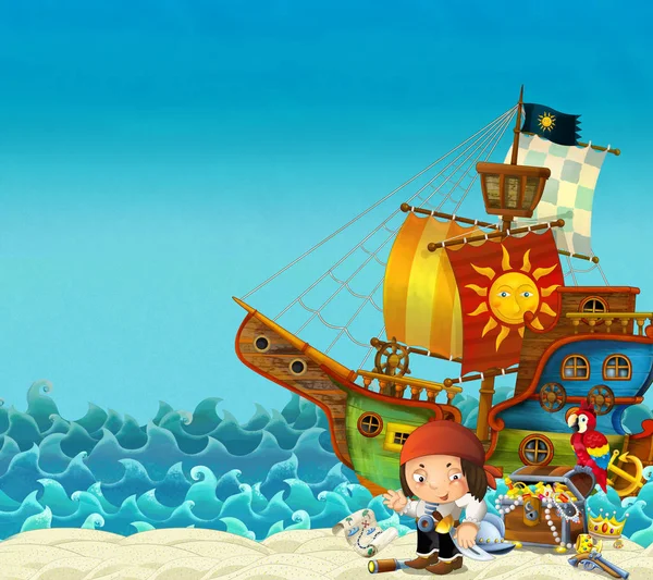 卡通场景的海滩附近大海或海洋海盗船 海盗船长在岸边和宝胸部 儿童插画 — 图库照片