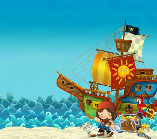 Cartoon Scene Beach Sea Ocean Pirate Captain Shore Treasure Chest — Stock Photo, Image