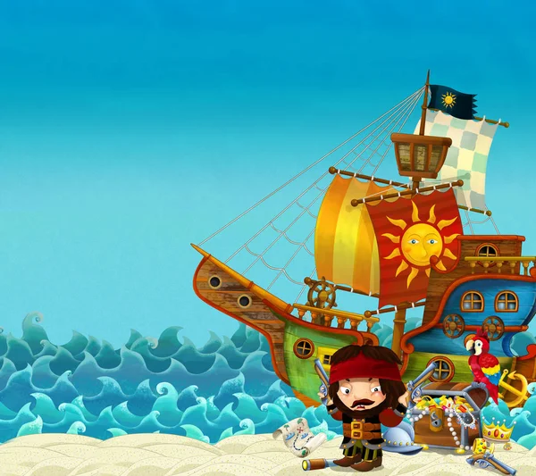 海または海 海岸と宝の胸に海賊の船長の海賊船 子供のための図の近くのビーチのシーン — ストック写真