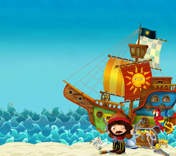 Cartoon Scene Beach Sea Ocean Pirate Captain Shore Treasure Chest — Stock Photo, Image