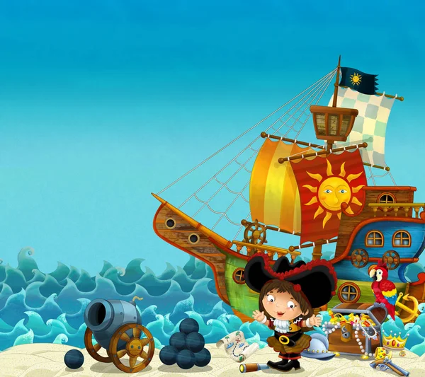 Cartoon Scene Beach Sea Ocean Pirate Captain Woman Shore Cannon — Stock Photo, Image