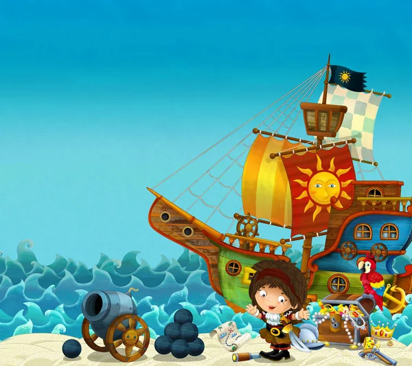 Cartoon Scene Beach Sea Ocean Pirate Captain Woman Shore Cannon — Stock Photo, Image