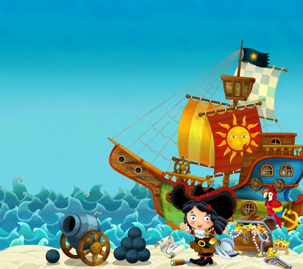 Cartoon Scene Beach Sea Ocean Pirate Captain Woman Shore Cannon — Stock Photo, Image