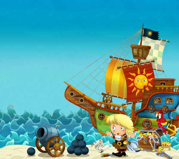 海滩附近的动画片场面或海洋 海盗上尉妇女在岸上与大炮和珍宝箱子 海盗船 例证为孩子 — 图库照片