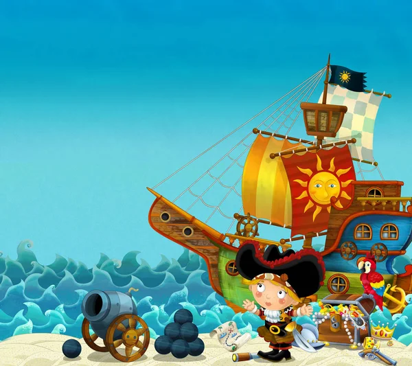 Scena Cartoni Animati Spiaggia Vicino Mare All Oceano Capitano Pirata — Foto Stock