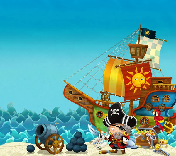Cartoon Scene Beach Sea Ocean Pirate Captain Shore Cannon Treasure — Stock Photo, Image