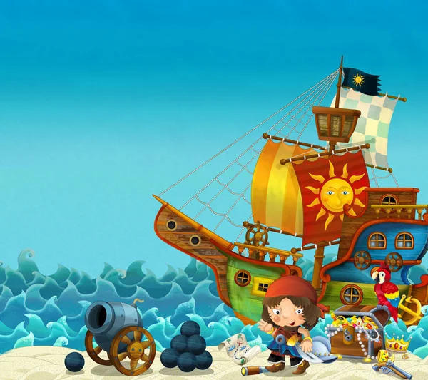Мультфильм Сцена Пляжа Рядом Морем Океаном Пиратский Капитан Берегу Казначейским — стоковое фото
