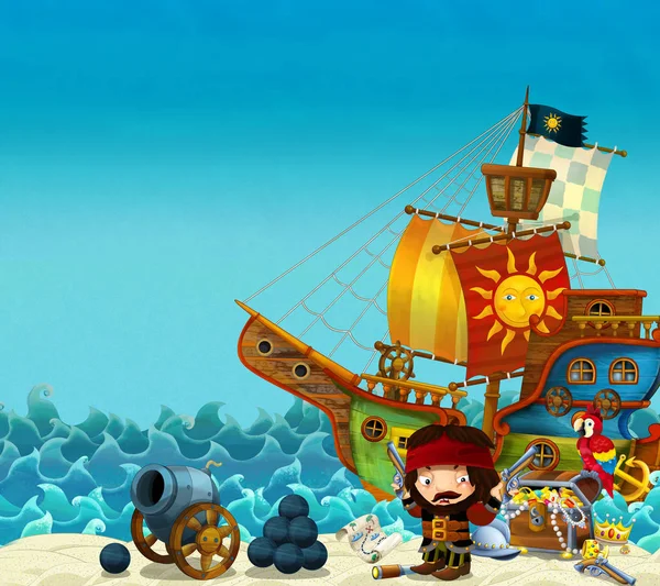海や大洋 大砲と宝箱と海岸で海賊船長 海賊船 子供のための図の近くのビーチのシーン — ストック写真