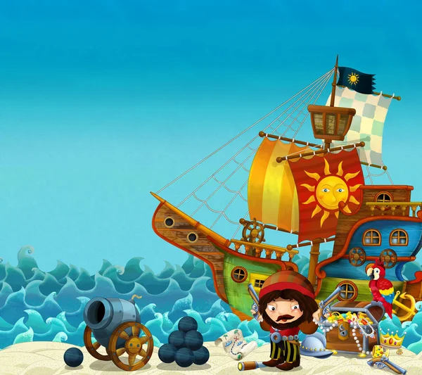 Scena Animata Spiaggia Vicino Mare All Oceano Capitano Pirata Sulla — Foto Stock