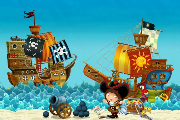 Мультфильм Сцена Пляжа Моря Океана Женщина Капитан Пиратов Берегу Сундук — стоковое фото