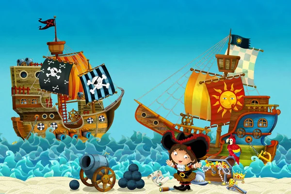 Cartoon Scene Beach Sea Ocean Pirate Captain Woman Shore Treasure — Stock Photo, Image