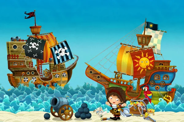 Cartoon Scene Beach Sea Ocean Pirate Captain Woman Shore Treasure — Stock Photo, Image