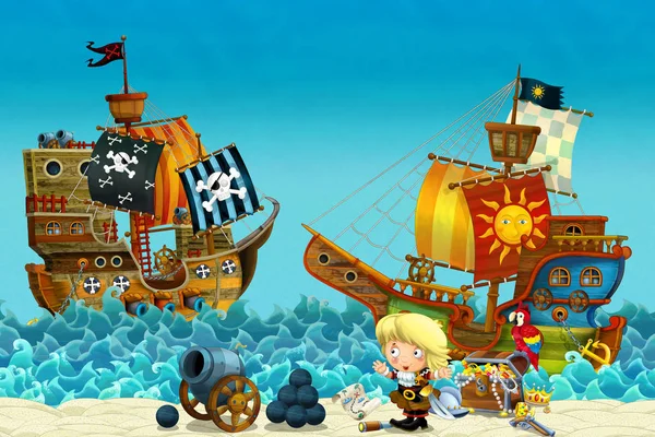 Scena Cartoni Animati Spiaggia Vicino Mare All Oceano Capitano Pirata — Foto Stock