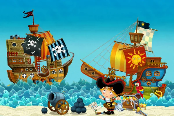 Мультфильм Сцена Пляжа Моря Океана Женщина Капитан Пиратов Берегу Сундук — стоковое фото