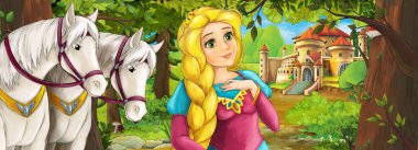 Karikatür doğa sahnesi. Ormanın yakınındaki güzel şato. Güzel genç prenses ve atlar.