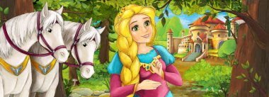 Karikatür doğa sahnesi. Ormanın yakınındaki güzel şato. Güzel genç prenses ve atlar.